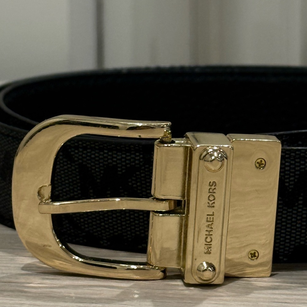 Michael Kors MK Signature Belt Black Gold Buckle Designer Monogram 45in XL - Picture 2 of 3